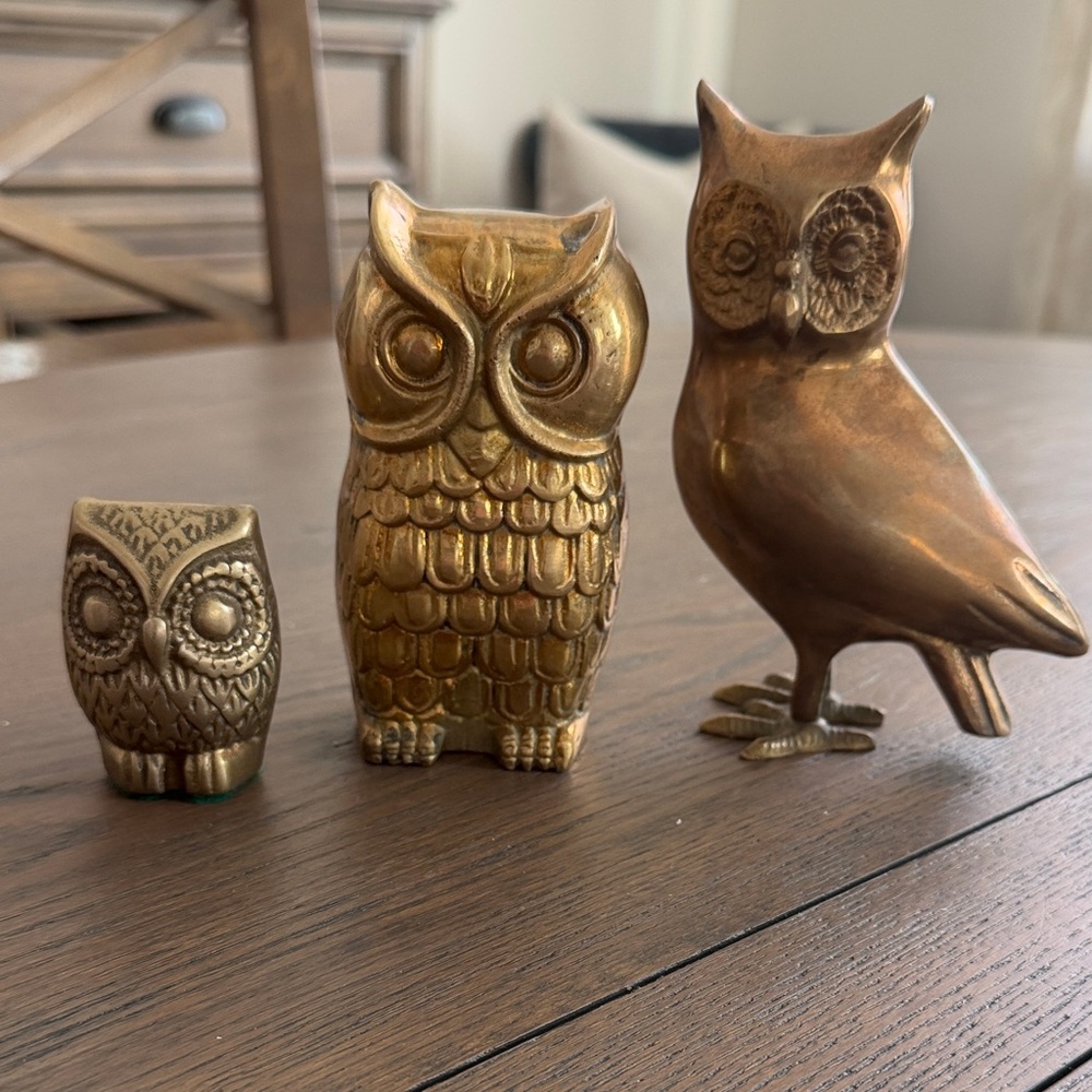 Three Brass Owl Figures